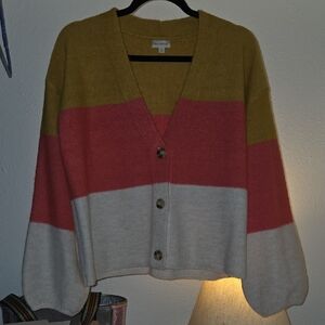 Hem & Thread Women's Striped Cardigan - Mustard, Coral, Ivory